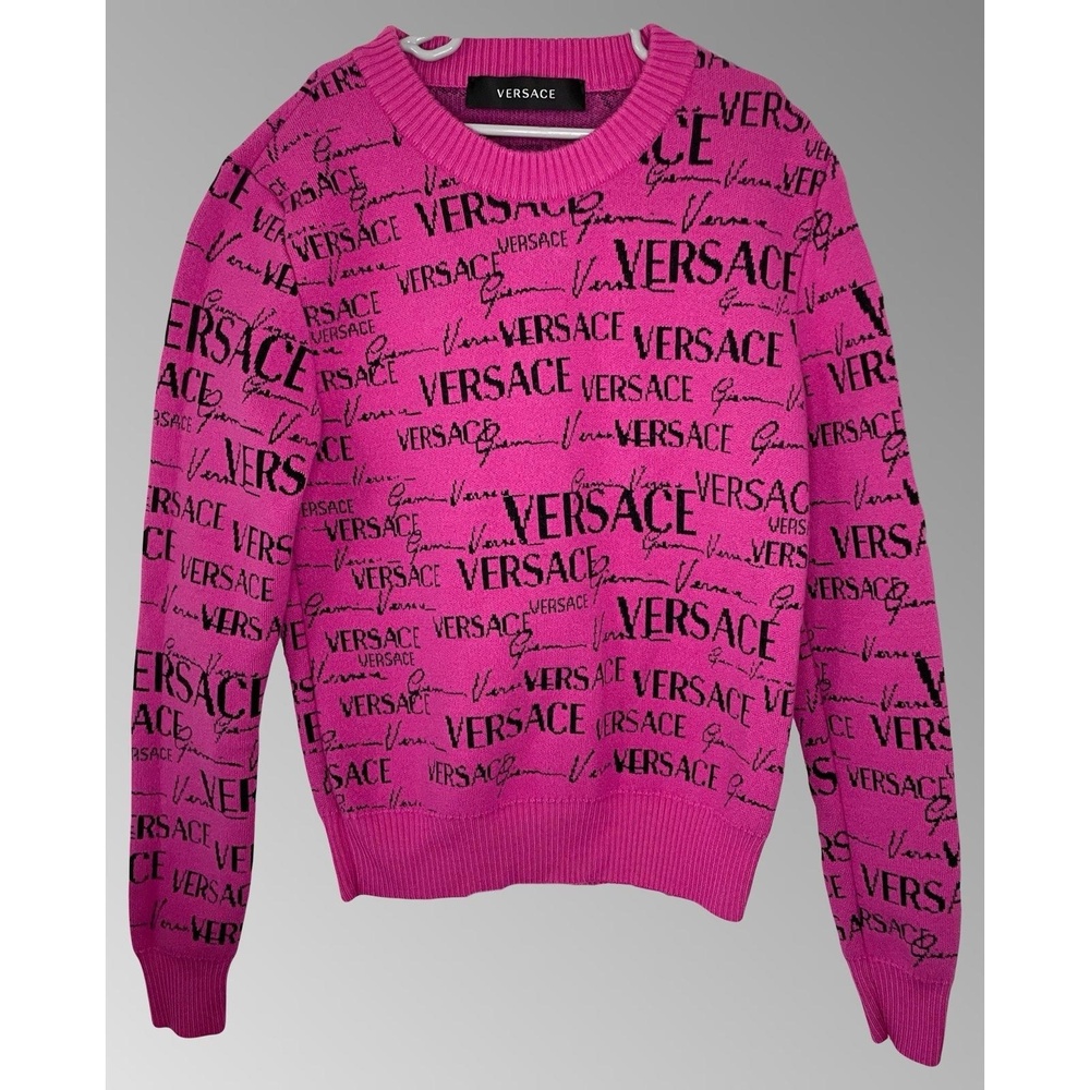 Gianni Versace Pink Wool Logo Sweater V-Neck Womens Size Small Rare